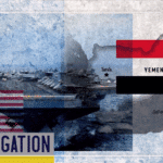 The US and Yemeni flags superimposed on images of a battleship and a map of Yemen. Photo: Press TV.