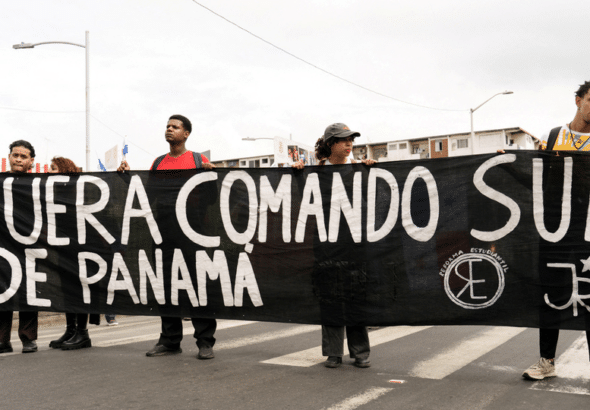 Demonstrators hold banner reading “Southern Command out of Panama.” Panama City, April 8.