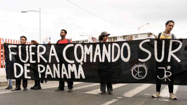 Demonstrators hold banner reading “Southern Command out of Panama.” Panama City, April 8.