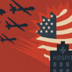 An illustrastion of warplanes flying towards a hospital, with a US flag in the background. Photo: MintPress News.