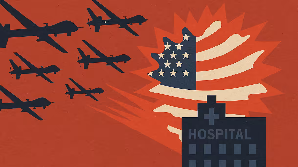 An illustrastion of warplanes flying towards a hospital, with a US flag in the background. Photo: MintPress News.
