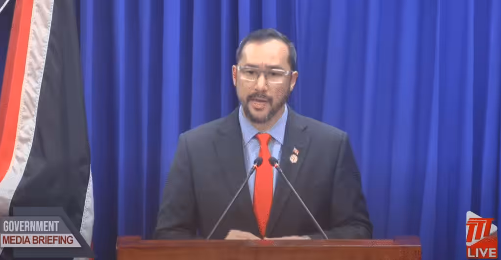 The prime minister of Trinidad and Tobago, Stuart Young, holds a press conference, April 8, 2025. Photo: TTT.