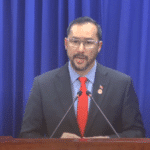 The prime minister of Trinidad and Tobago, Stuart Young, holds a press conference, April 8, 2025. Photo: TTT.