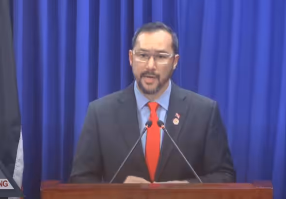 The prime minister of Trinidad and Tobago, Stuart Young, holds a press conference, April 8, 2025. Photo: TTT.