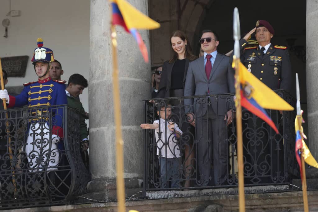 Ecuadorian President Daniel Noboa during the Changing of the Presidential Guard ceremony at Carondelet Palace in Quito, April 15, 2025. Photo: Dolores Ochoa/AP.