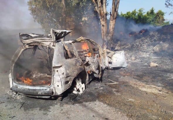 This picture shows the aftermath of an Israeli drone strike on a car near the coastal town of Damour, located about 20 kilometers (12 miles) south of Beirut, Lebanon, on April 22, 2025. Photo: via social media.