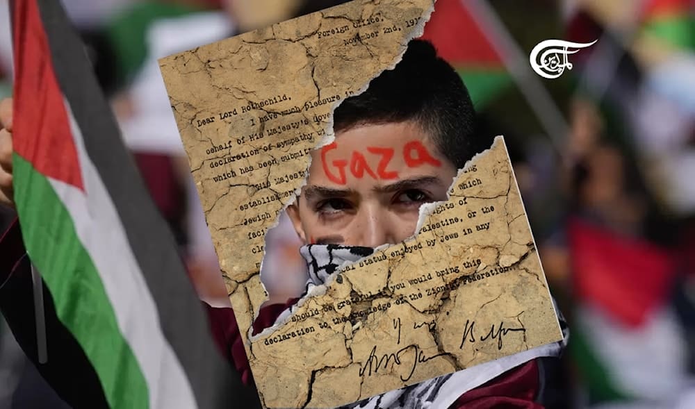 Photo composition showing a torn version of the Balfour Declaration superimposed over a photo of a youth holding a Palestinian flag and with the word "Gaza" written on his forehead. Photo: Al Mayadeen.
