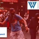 The logos of CSIS, Atlantic Council, Wilson Center, and Council on Foreign Relations superimposed on an image of a protest. Photo: The Grayzone.