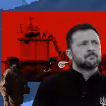 An illustration shows Ukrainian President Volodymyr Zelensky, a Ukrainian soldier, and an iconic photo of a helicopter evacuating US personnel from the US embassy in Saigon. Photo: Ali Al-Hadi Shmisss/Al Mayadeen.