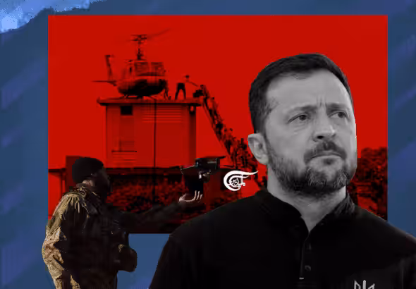 An illustration shows Ukrainian President Volodymyr Zelensky, a Ukrainian soldier, and an iconic photo of a helicopter evacuating US personnel from the US embassy in Saigon. Photo: Ali Al-Hadi Shmisss/Al Mayadeen.