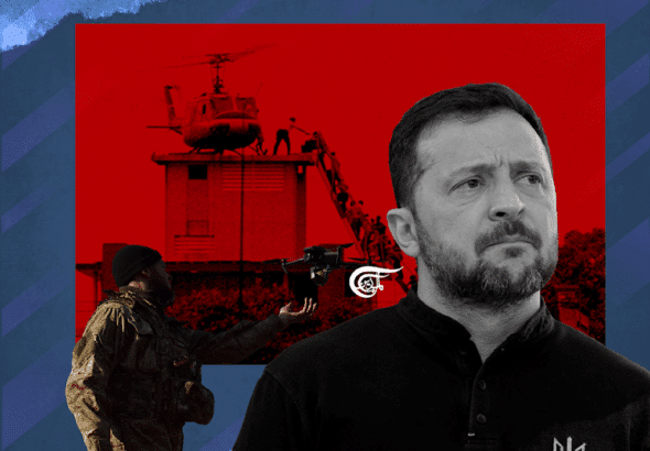 An illustration shows Ukrainian President Volodymyr Zelensky, a Ukrainian soldier, and an iconic photo of a helicopter evacuating US personnel from the US embassy in Saigon. Photo: Ali Al-Hadi Shmisss/Al Mayadeen.