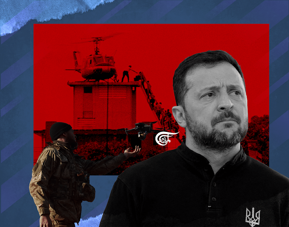 An illustration shows Ukrainian President Volodymyr Zelensky, a Ukrainian soldier, and an iconic photo of a helicopter evacuating US personnel from the US embassy in Saigon. Photo: Ali Al-Hadi Shmisss/Al Mayadeen.