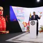 Venezuelan President Nicolás Maduro addressing the 9th CELAC summit in a pre-recorded video with a special backdrop at Miraflores Palace, Caracas, Venezuela, on April 9, 2025. Photo: Presidential Press.