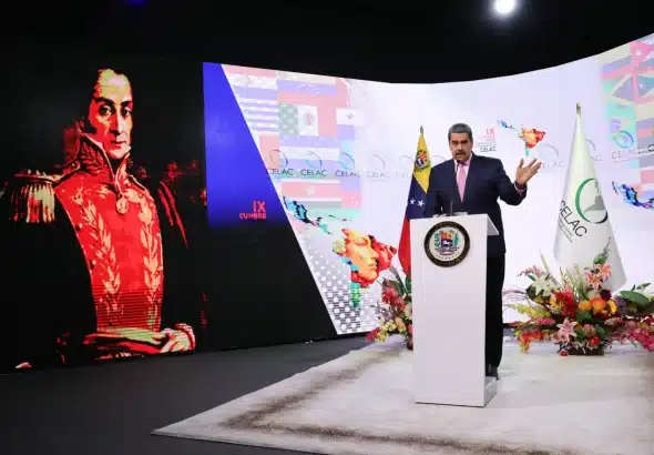 Venezuelan President Nicolás Maduro addressing the 9th CELAC summit in a pre-recorded video with a special backdrop at Miraflores Palace, Caracas, Venezuela, on April 9, 2025. Photo: Presidential Press.