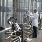 Factory worker monitoring a pressure gauge of a storage tank in a beer factory. Photo: Fluid Mac.