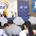 Ecuadorian National Electoral Council authorities announcing the rejection of the vote recount request on Thursday, April 24, 2025. Photo: CNE Ecuador.