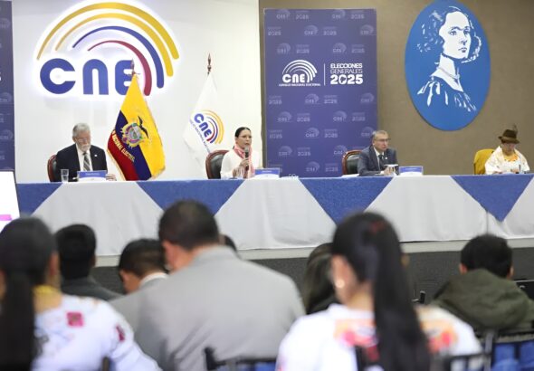 Ecuadorian National Electoral Council authorities announcing the rejection of the vote recount request on Thursday, April 24, 2025. Photo: CNE Ecuador.