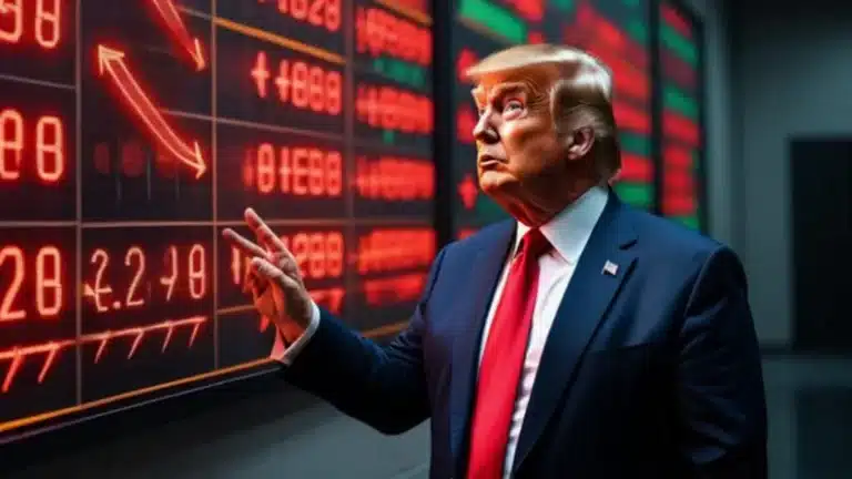 Donald Trump next to a stock market tracker. Photo: New Eastern Outlook.