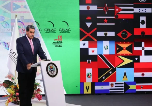 Venezuelan President Nicolás Maduro addressing the CELAC summit, advocating for Latin American unity and condemning foreign aggressions. Apr 9, 2025. Photo: VTV.