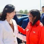 Venezuelan Vice President Delcy Rodríguez (right) being greeted by Tang Lingyun (left), deputy director general of the Department of Latin America and the Caribbean of the Chinese Ministry for Foreign Affairs, upon Rodríguez's arrival in Beijing on April 23, 2025. Photo: IG/@vicevenezuela.