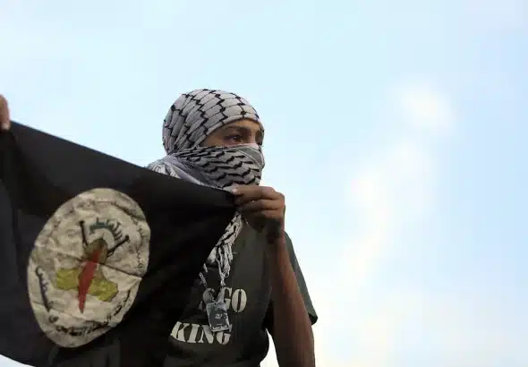 Youth in a keffiyeh holding a resistance flag. Photo: Haitham Moussawy.