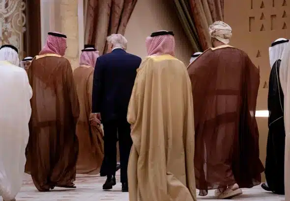 US President Donald Trump walks with leaders to the Gulf Cooperation Council meeting at the Ritz-Carlton Hotel in the Saudi capital Riyadh, May 14, 2025. Photo: Brendan Smialowski/AFP.