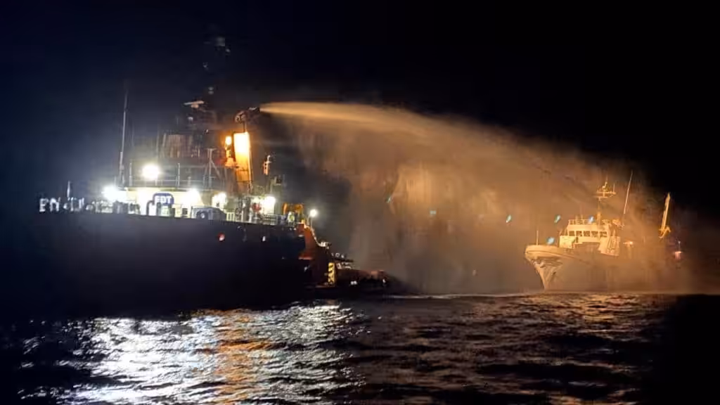 A tug vessel puts out a fire on the Gaza Freedom Flotilla vessel, Conscience, off the coast of Malta on May 2, 2025. Photo: Malta Government Department of Information via Reuters.