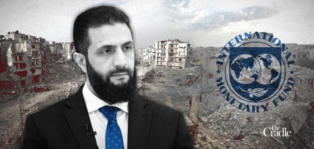 Compilation images showing Syria's so-called "President," Abu Mohammad al-Julani over a backdrop of destruction. Photo: The Cradle.
