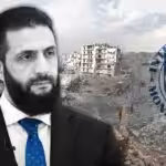 Compilation images showing Syria's so-called "President," Abu Mohammad al-Julani over a backdrop of destruction. Photo: The Cradle.