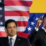 Photo composition showing US Secretary of State Marco Rubio (left) and Trump's Special Envoy for Special Missions, Richard Grenell (right) with the Venezuelan and the US flags in the background, watermarked with oil rigs. Photo: El Tiempo.