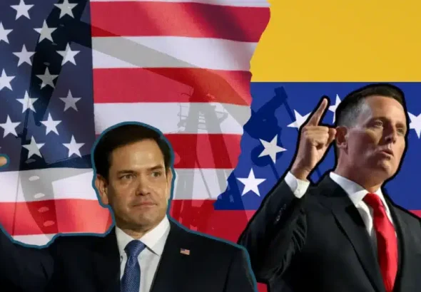 Photo composition showing US Secretary of State Marco Rubio (left) and Trump's Special Envoy for Special Missions, Richard Grenell (right) with the Venezuelan and the US flags in the background, watermarked with oil rigs. Photo: El Tiempo.
