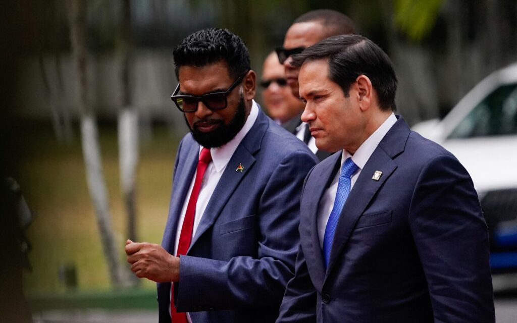 Guyana's president Irfaan Ali with Marco Rubio, US secretary of state in the Trump administration. Photo: Nathan Howard/AFP/file photo.