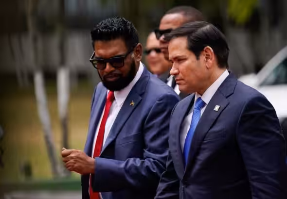 Guyana's president Irfaan Ali with Marco Rubio, US secretary of state in the Trump administration. Photo: Nathan Howard/AFP/file photo.