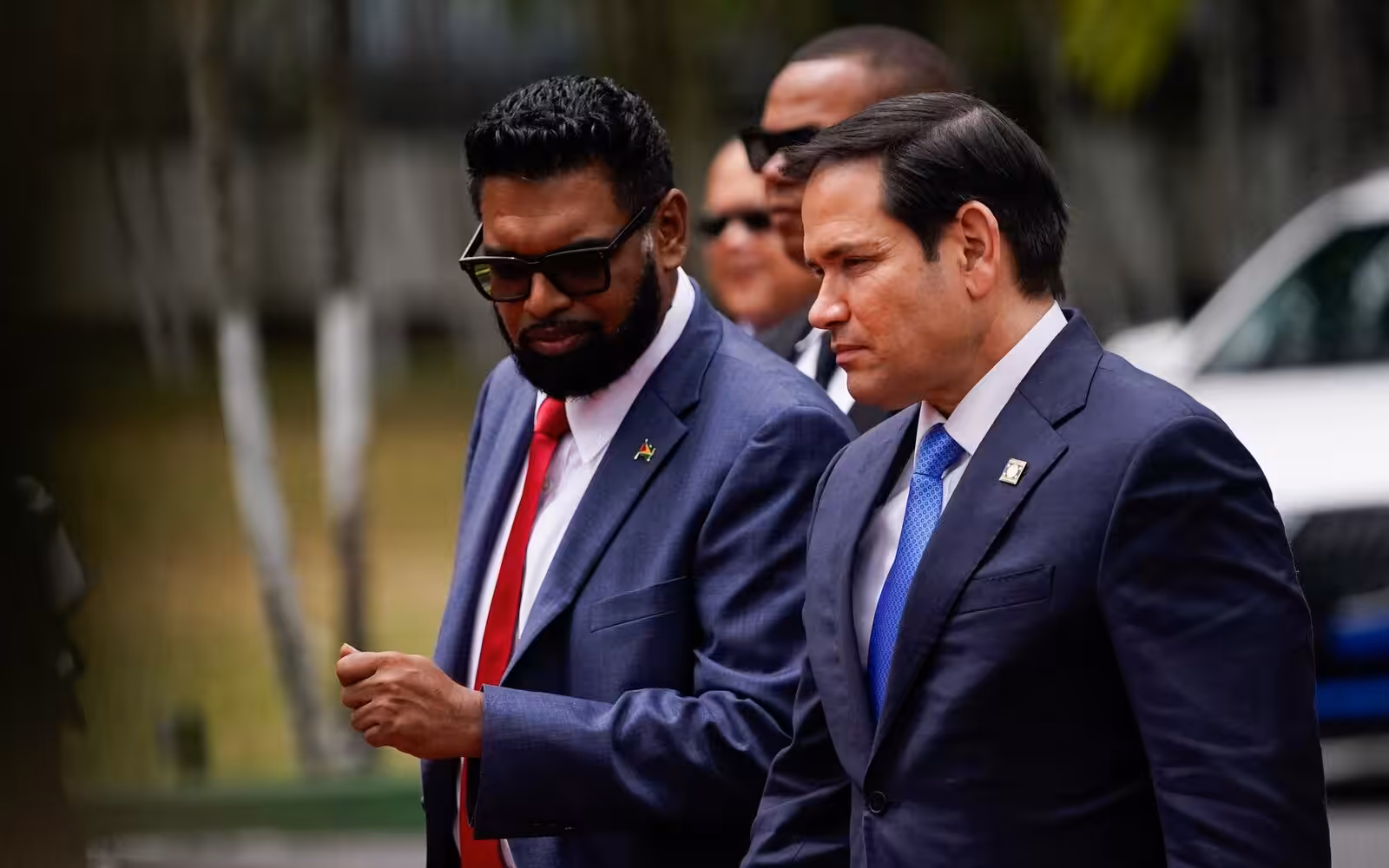 Guyana's president Irfaan Ali with Marco Rubio, US secretary of state in the Trump administration. Photo: Nathan Howard/AFP/file photo.