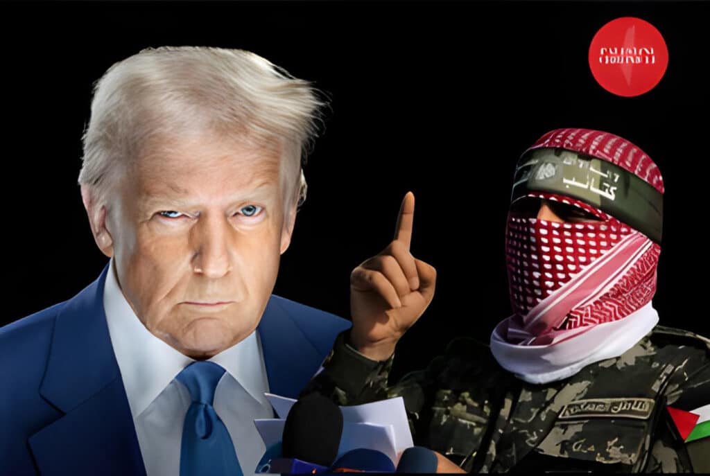 US President Donald Trump and Abu Obeida, the spokesperson for the Al-Qassam Brigades. Photo: Palestine Chronicle.