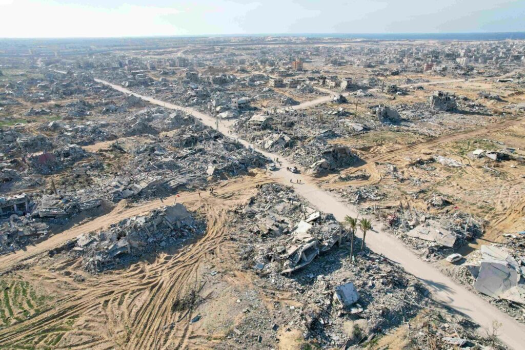 An aerial view showing destruction in Rafah after Israeli occupation forces withdraw and as the ceasefire took hold throughout the Gaza-strip, January, 2025. Photo: Monthly Review.