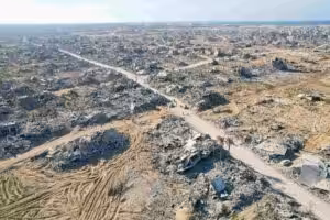 An aerial view showing destruction in Rafah after Israeli occupation forces withdraw and as the ceasefire took hold throughout the Gaza-strip, January, 2025. Photo: Monthly Review.