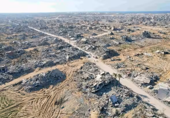 An aerial view showing destruction in Rafah after Israeli occupation forces withdraw and as the ceasefire took hold throughout the Gaza-strip, January, 2025. Photo: Monthly Review.