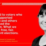 Image composition featuring a photo of Alison Bodine. Photo: Venezuelanalysis.