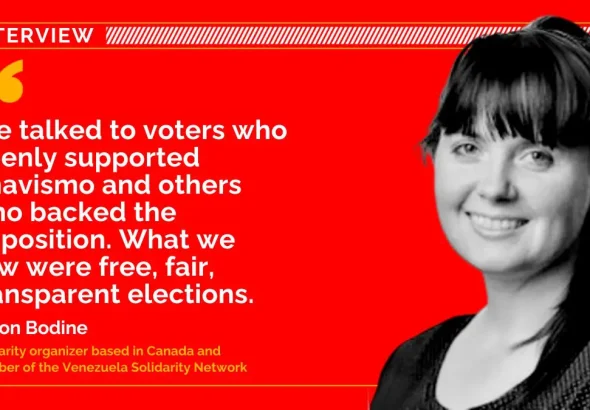 Image composition featuring a photo of Alison Bodine. Photo: Venezuelanalysis.