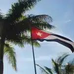 The Cuban flag flies among palm trees. File photo.