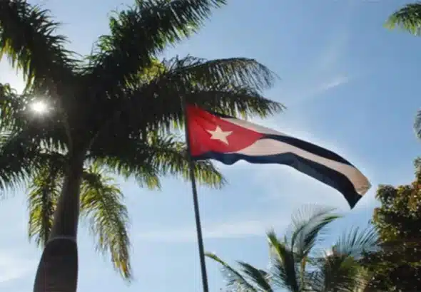 The Cuban flag flies among palm trees. File photo.