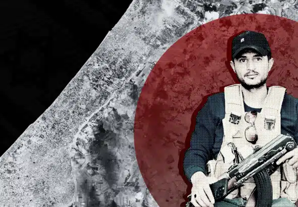 Compilation image showing an ISIS-linked militant over a backdrop of Gaza, Palestine. Photo: MintPress News.