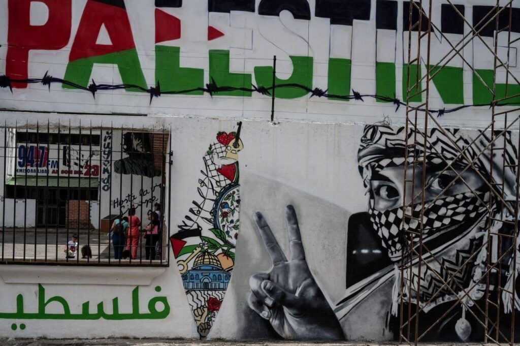 A mural in Caracas, Venezuela, expressing support for Palestine. Photo: Threads/@actforpal1.