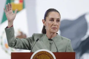 The president of Mexico, Claudia Sheinbaum, at her morning press conference, May 14, 2025. Photo: X/@Claudiashein.