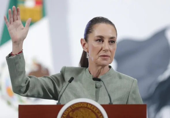 The president of Mexico, Claudia Sheinbaum, at her morning press conference, May 14, 2025. Photo: X/@Claudiashein.