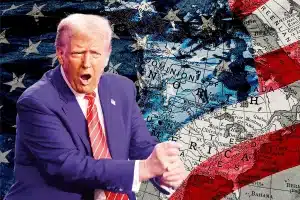 US President Donald Trump with an US flag and a map in the background. Photo: The Communist.