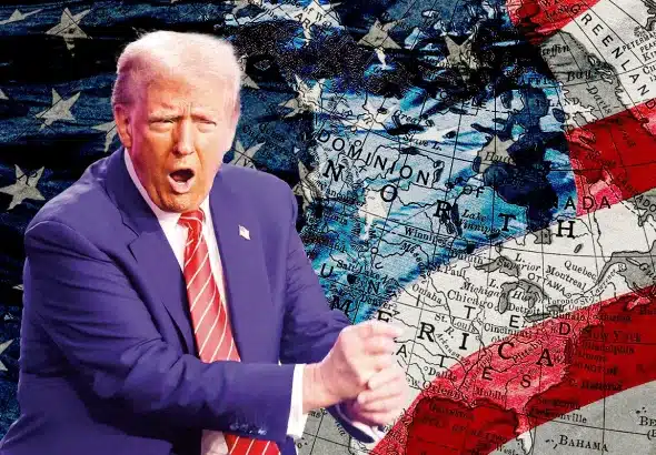 US President Donald Trump with an US flag and a map in the background. Photo: The Communist.