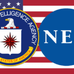CIA and NED logos with the US flag in the background. Photo: CaitlinJohnstone.com/file photo.