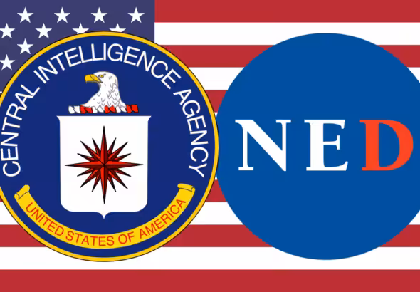 CIA and NED logos with the US flag in the background. Photo: CaitlinJohnstone.com/file photo.